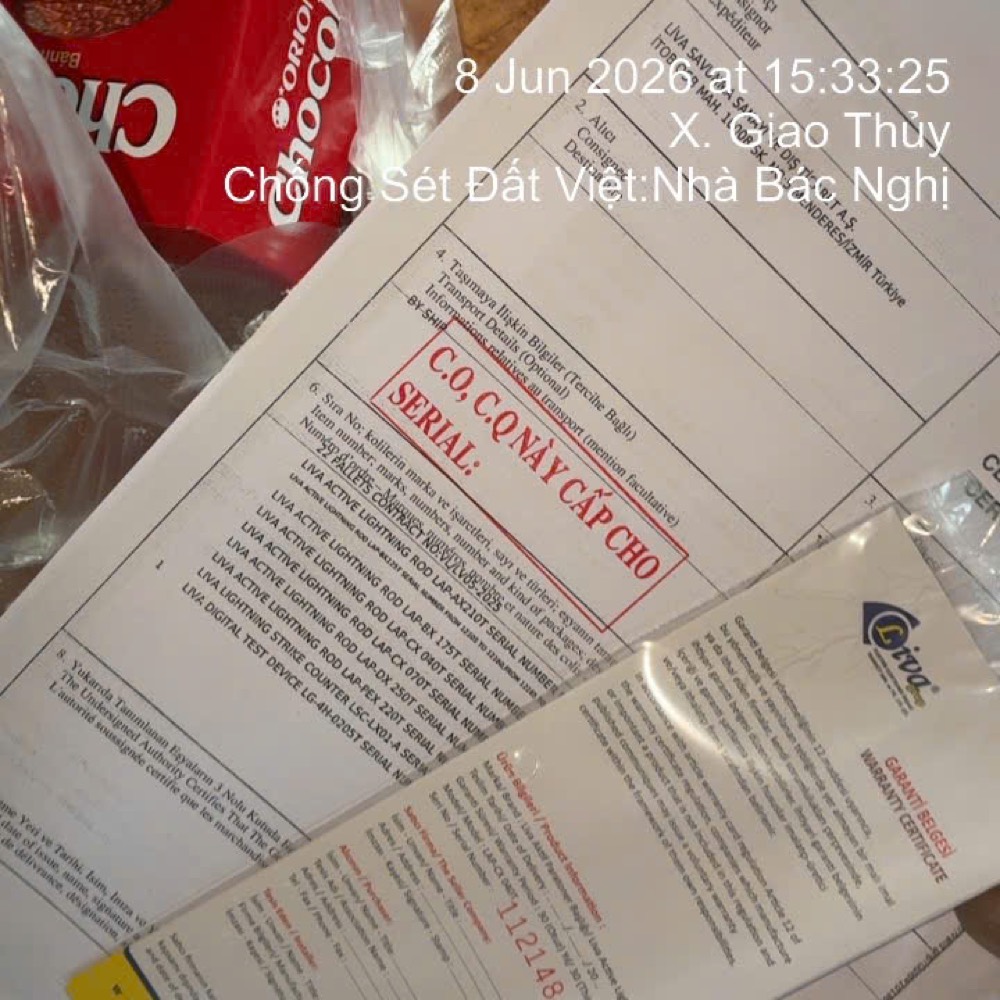 Chứng chỉ CO/CQ kim thu sét Liva nhập khẩu chính hãng